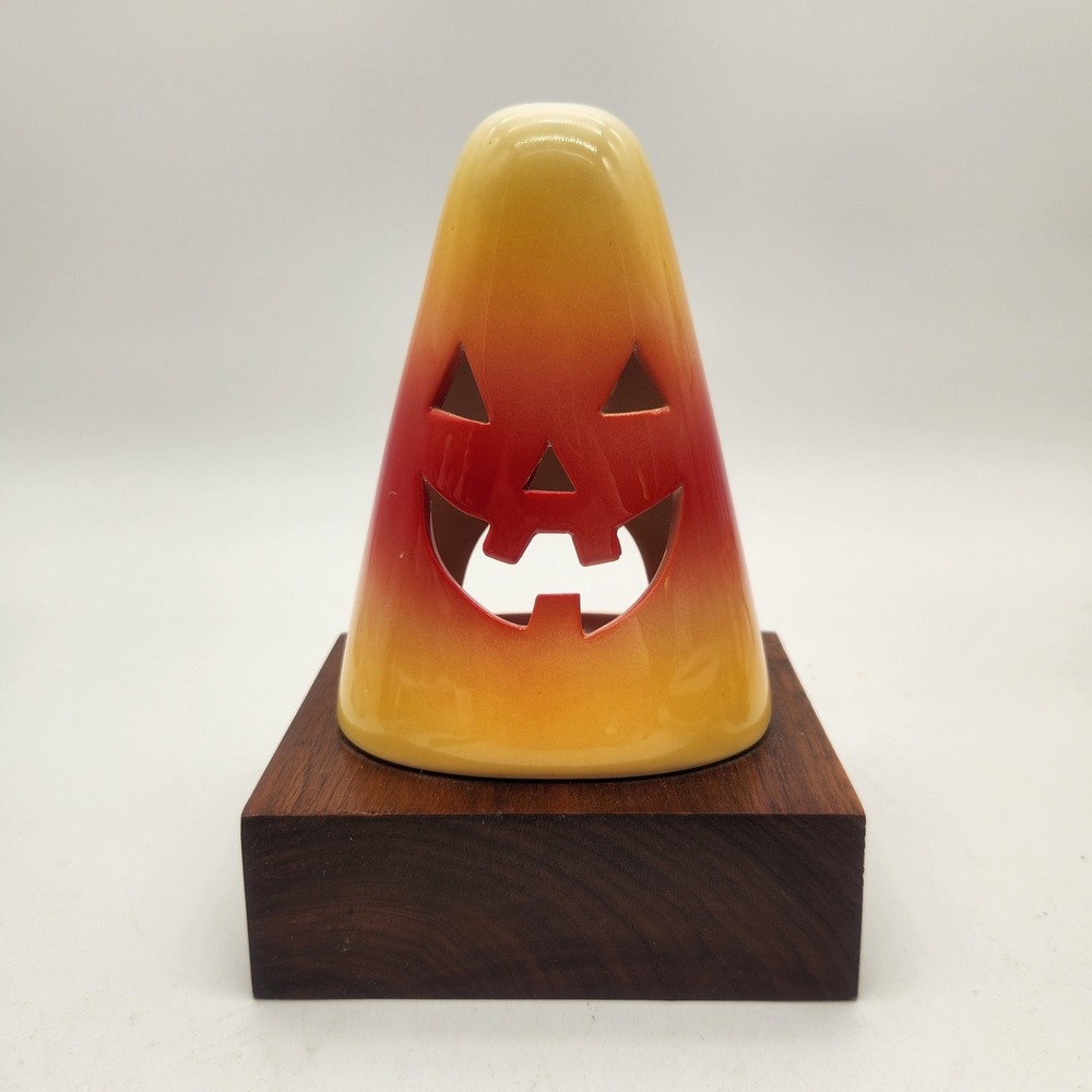 Ceramic Candy Corn Jack-O-Lantern Halloween Luminary on Solid Wood Base Large